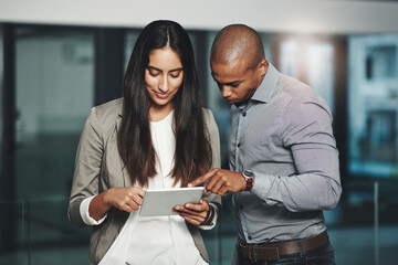 Aufkleber - Business, employees and working in office with tablet, teamwork and collaboration on meeting report or people. Professional, schedule planning and email review, internet and social networking