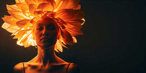 Radiant woman with an illuminated sunflower headpiece