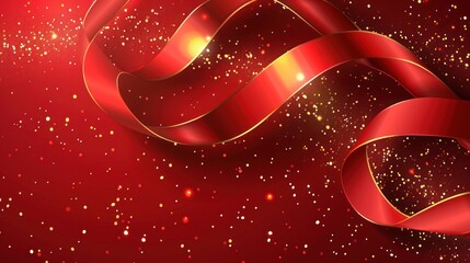 Wall Mural - Elegant Red Ribbon with Golden Glitter Background