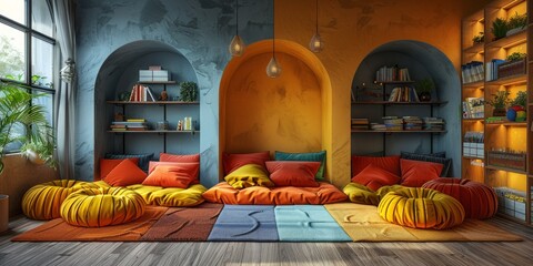 Wall Mural - Cozy reading corner in a preschool classroom with soft cushions