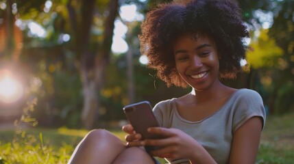 Sticker - Smiling Woman Using Phone in a Park