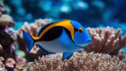 Close-Up of blue tang fish in Coral Reef, macro shot, vivid underwater scene, wallpaper background, marine-themed websites, environmental and wildlife. 