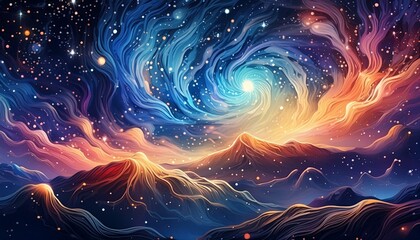 Wall Mural - Abstract illustration features a luminous galaxy spiraling above ethereal mountains. Fantasy, sci-fi, and inspirational background.