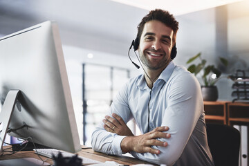 Poster - Call center, customer support and portrait of man in office for business, online help and consulting. Corporate sales, telemarketing and person with headset for contact, CRM service and communication