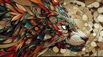 Wall Mural - A colorful painting of a wolf with a large eye and a mouth