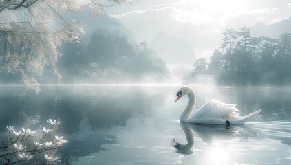 Sticker - Serene Swan on a Misty Lake