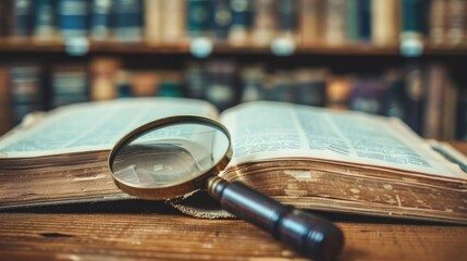 Poster - Book and magnifying glass on desk in information library education concept