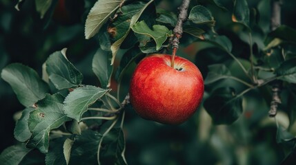 Poster - A red apple on a branch with a green backdrop