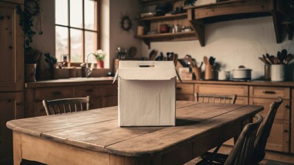 Poster - A box sitting on top of a wooden table in the kitchen, AI