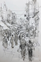 Wall Mural - A black and white sketch of a bustling marketplace