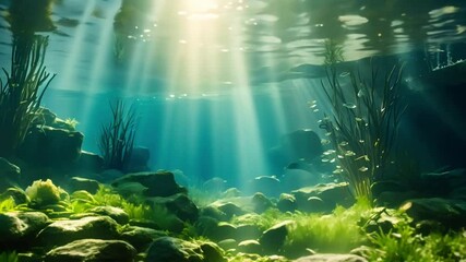 Wall Mural - Underwater Fantasy: Algae Plants and Light Rays in Abstract Style. Concept Underwater Fantasy, Algae Plants, Light Rays, Abstract Style, Aquatic Beauty