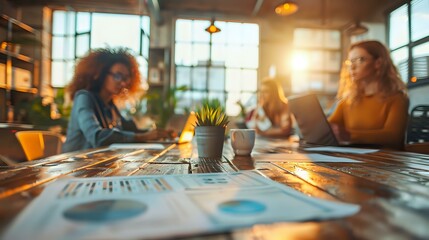 A diverse group of professionals collaborating in a modern office space with natural light. Perfect for business, teamwork, and creative work environment themes.