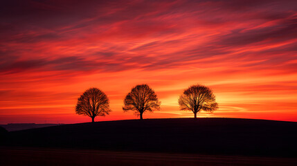 Wall Mural - A sunset over a field with four trees in the foreground