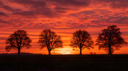 Wall Mural - a sunset over a field with four trees in the foreground