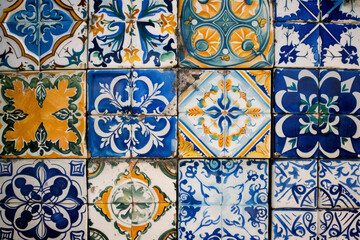 Naklejka na meble Colorful Mosaic of Traditional Ceramic Tiles in Blue and Yellow Tones