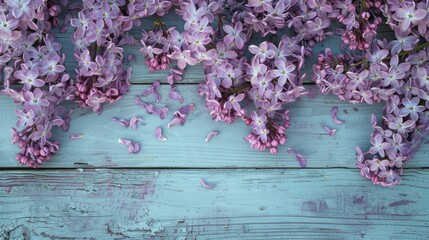 Canvas Print - Vintage floral backdrop with lilac blooms on wooden surface