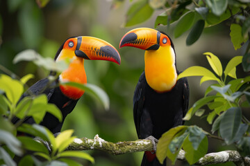 Wall Mural - A Couple of Toucans Perched on a Branch in the Lush Rainforest Canopy