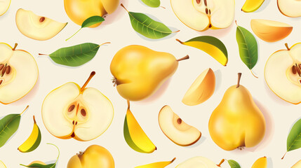 Wall Mural - Juicy pear pattern with seamless style. Sweet fruit background. Vector design. Summer freshness for a healthy lifestyle. Perfect for backgrounds, juices, ice creams or packaging.