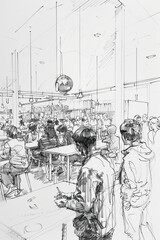 A black and white sketch of a bustling classroom with students