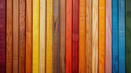 Poster - Top view of a wooden desk with vertical rows of colorful pencils close up