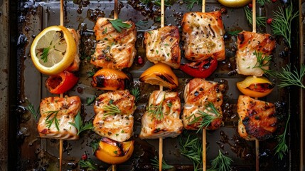 Wall Mural - Put some grilled fish skewers on a baking sheet.