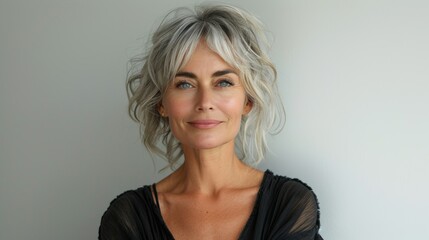 Portrait of beautiful cheerful middle aged caucasian woman with blond hair smiling and looking at camera, white background