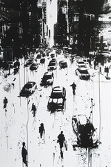 Wall Mural - A black and white sketch of a bustling city intersection