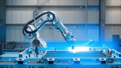 Wall Mural - Close-Up of Robotic Arm Welding Electric Vehicle Frames in Advanced Factory. Concept Robotic Arm, Welding, Electric Vehicles, Advanced Factory, Close-Up,