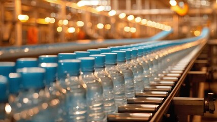 Wall Mural - Bottling milk on a factory conveyor line with blue caps at a dry plant. Concept Manufacturing process, Dairy industry, Bottle packaging, Conveyor system, Factory production