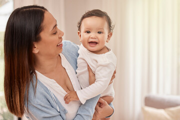 Canvas Print - Mom, baby and smile with bonding at home for care, support and child development or growth. People, parent and happy with toddler or infant for fun, security and trust with comfort for motherhood