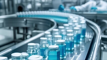 Wall Mural - Pharmacist scientist inspects medical vials on conveyor belt in drug factory. Concept Medical Industry, Pharmaceutical Manufacturing, Quality Control, Production Line, Research and Development