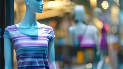 Canvas Print - Mannequins in a modern fashion shopfront with a blurred background. Concept Fashion Display, Mannequins, Modern Shopfront, Blurred Background