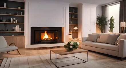 Wall Mural - Beautiful soft living room interior design with lit fireplace and fire 4k animation