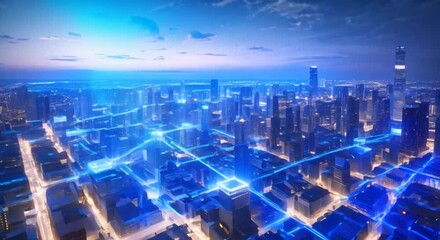 Digital twin of smart city urban center with buildings and streets surrounded by glowing blue lines forming an abstract cube shape 4k animation