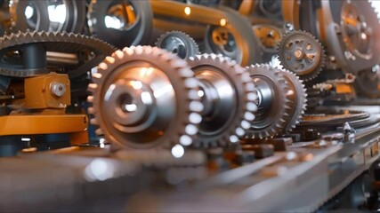 Wall Mural - Metal Transmission Gear Closeup on Workbench in Mechanical Repair Factory. Concept Mechanical Repair Factory, Metal Transmission Gear, Closeup, Workbench, Industrial Setting