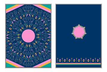 Wall Mural - Set of ornate invitation cards on blue background. Each card on separate layer.