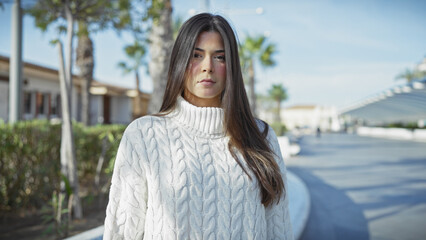 Poster - A young hispanic woman poses outdoors in a city park, exuding casual elegance with her hairstyle and sweater.