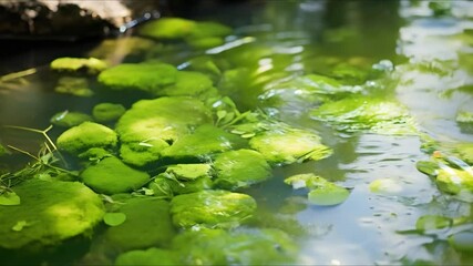 Wall Mural - Vivid green algae bloom visible in water body. Concept Algae Bloom, Green Water, Water Pollution, Environmental Impact, Ecosystem Health