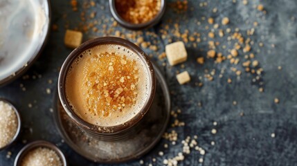 Wall Mural - Vintage style top view of coffee with cream and brown sugar selective focus