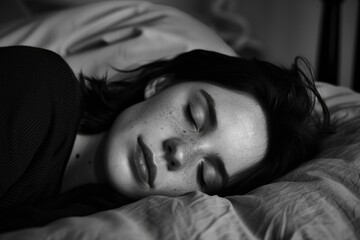 Wall Mural - A young woman with freckles sleeps peacefully in a bed, her face illuminated by the soft light