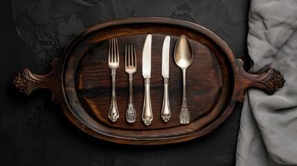 Poster - Antique cutlery on wood platter black background empty plates top view