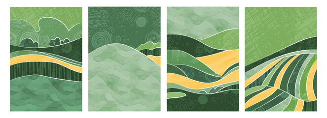 Wall Mural - watercolor landscape with rice paddy, wheat field, tea plantation. green hills, vineyards, and corn 