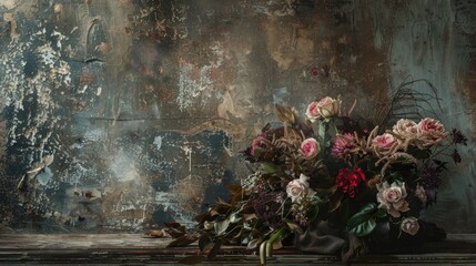 Poster - Antique floral arrangement on rustic backdrop in subdued lighting