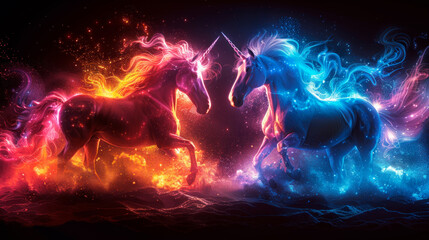 Poster - Two running neon-colored unicorns on black background