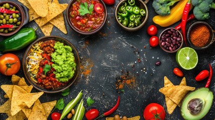 Poster - Mexican food presentation on rustic backdrop tortilla chips guacamole salsa chili beans fresh ingredients Overhead view