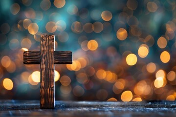 Poster - wooden cross with bokeh lights in the background, blurred, copy space concept for Easter or Christmas religious card Generative AI