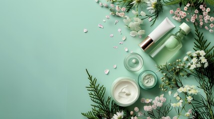 Sticker - Cosmetic products featuring flowers on green backdrop Top view with space for text