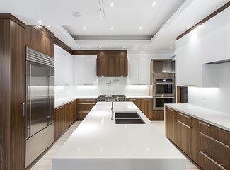 Modern kitchen with white walls and ceiling, modern design featuring brown elements, white countertop, large empty space on the right side of the picture, stainless steel appliances, white cabinets, m