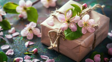 Canvas Print - Spring gift box with blossoms