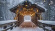 © Татьяна Макарова - Wooden covered bridge decorated with lights amidst snowy forest in winter